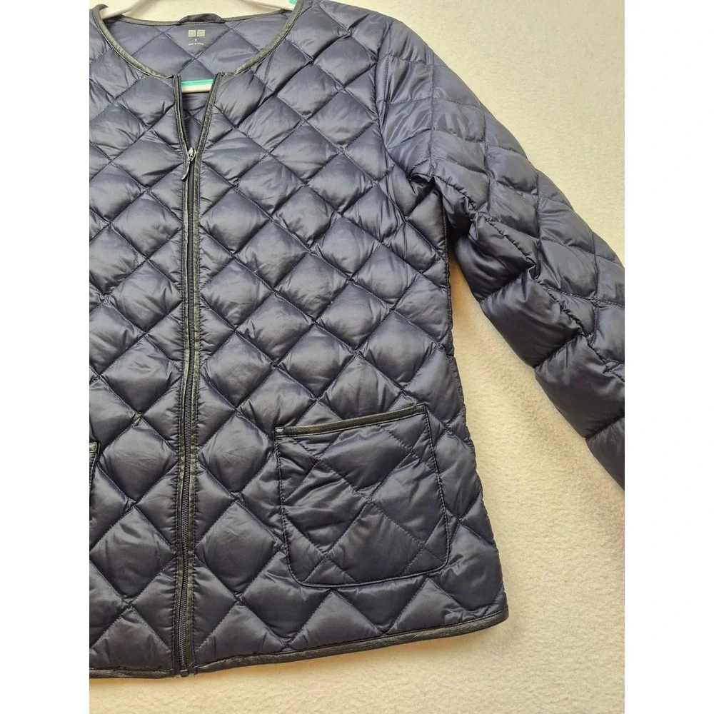Uniqlo Ultra Light Down Jacket Navy Blue Diamond Quilted Women Small Zip Up
